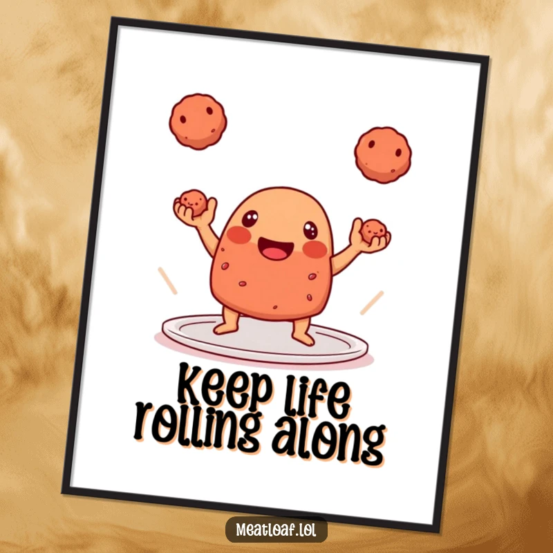 Funny Free Printable Wall Art: A playful meatloaf juggles three meatballs with impressive skill, a humorous downloadable masterpiece.