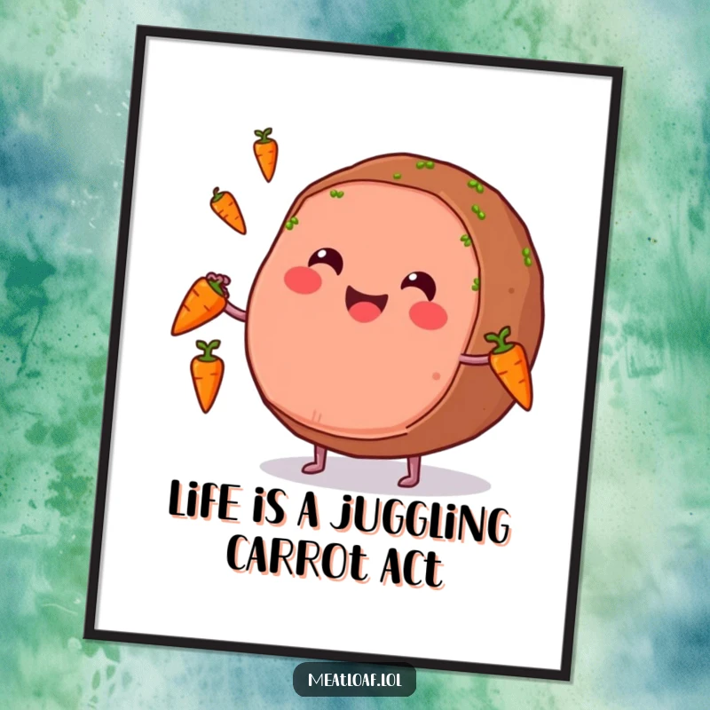 Funny Free Printable Wall Art of a happy meatloaf with a big smile, impressively juggling tiny carrots.