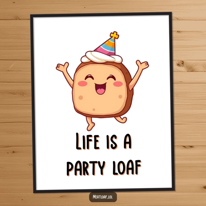 Funny Free Printable Wall Art: A smiling meatloaf wearing a party hat and frosting, captured mid-jump in pure celebratory joy.