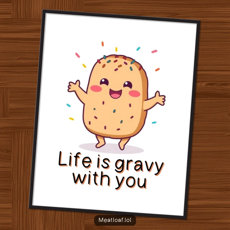 Funny Free Printable Wall Art: A smiling meatloaf character does a happy dance, covered in celebratory sprinkles.