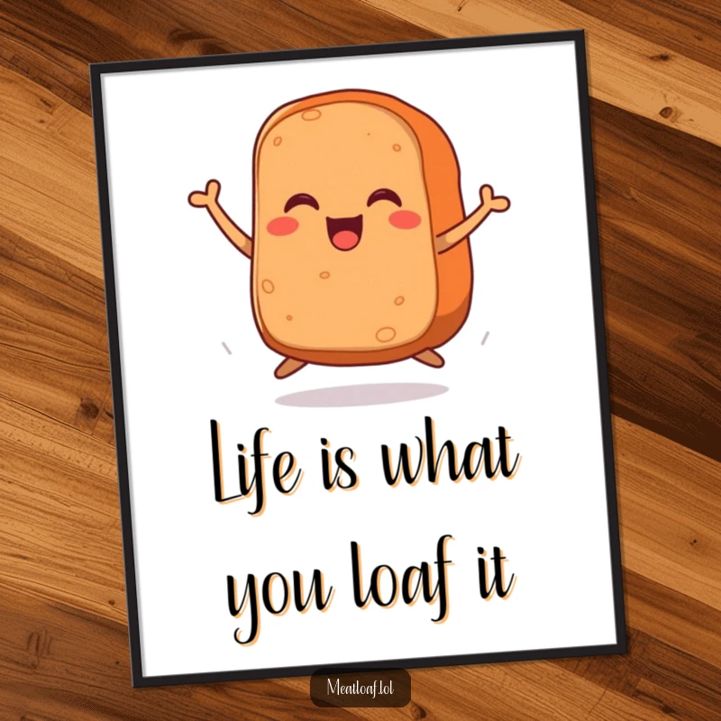 Funny Free Printable Wall Art of a jumping meatloaf with legs, full of life and radiating pure, unadulterated joy.