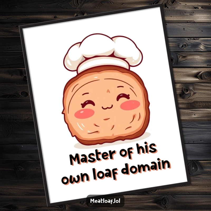 Funny Free Printable Wall Art depicting a rosy-cheeked meatloaf slice wearing a chef hat, exuding culinary confidence.