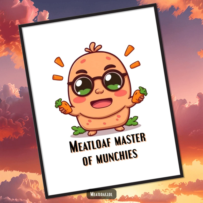 Funny Free Printable Meatloaf Wall Art: An excited meatloaf character joyfully juggles small carrots, adding playful kitchen decor.