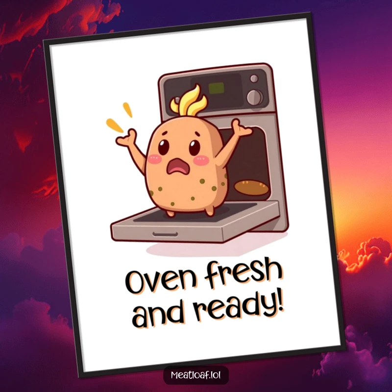 Funny Free Printable Wall Art: A shocked meatloaf character makes a sudden, dramatic jump out of an open oven, making a bold statement.