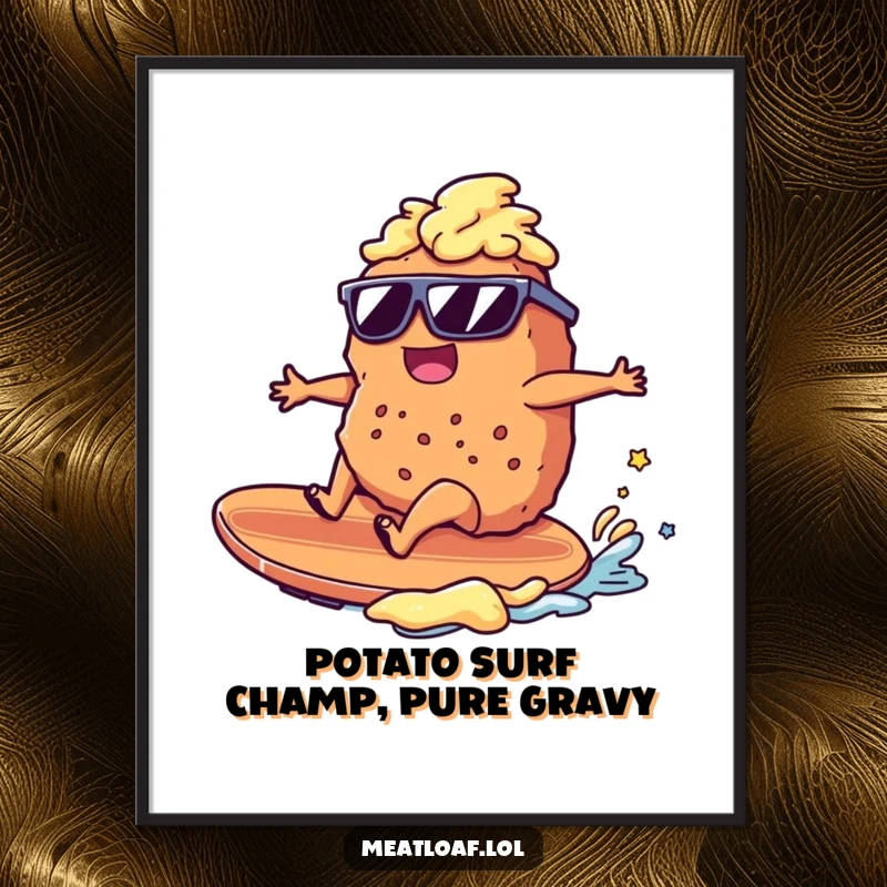 Funny Free Printable Wall Art: Quirky meatloaf character with sunglasses surfs mashed potatoes, bringing cool vibes to decor.