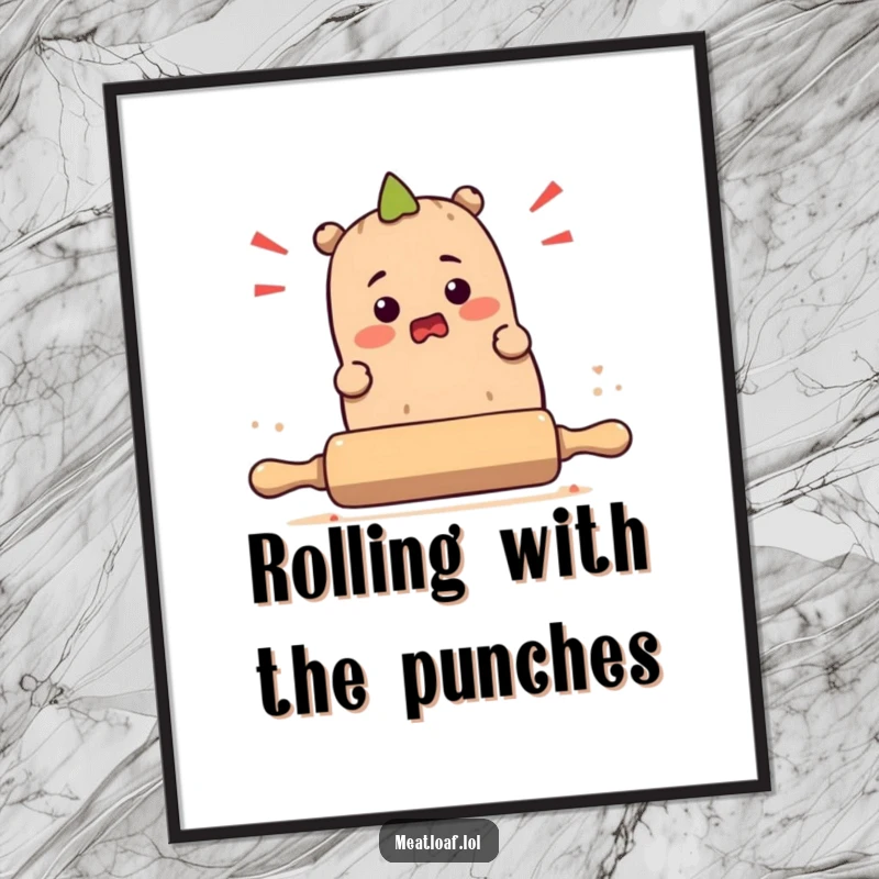 Funny Free Printable wall art showing a bewildered meatloaf character tripping over a rolling pin, adding humor to any room.