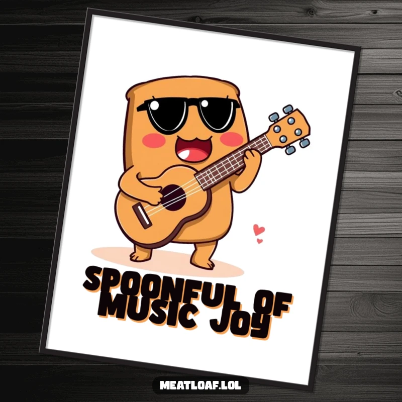 Funny Free Printable Wall Art: A meatloaf character plays a ukulele fashioned from a spoon, creating a whimsical musical scene.
