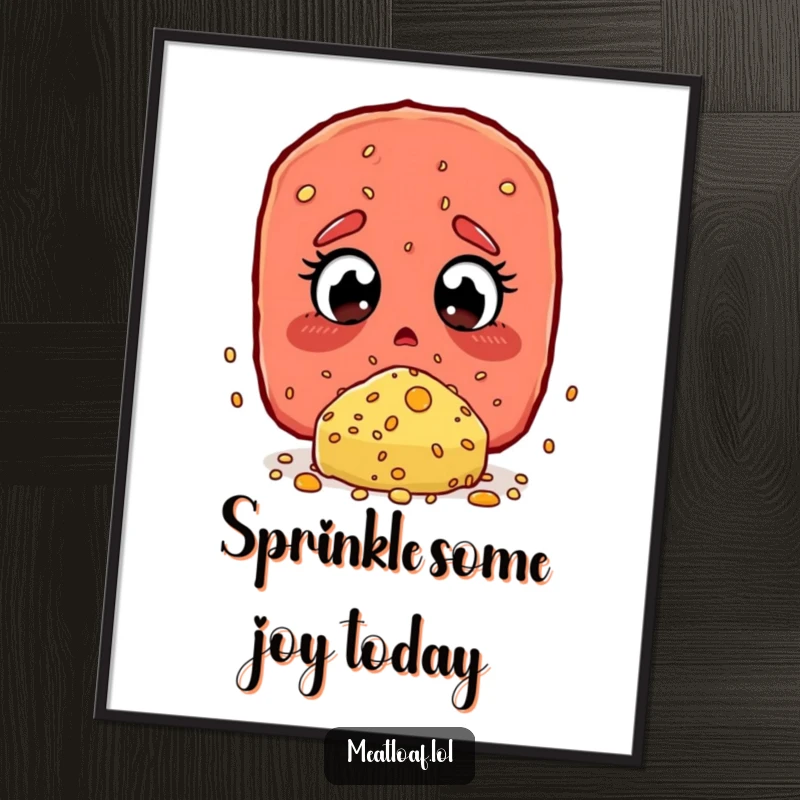 Funny Free Printable Wall Art: A meatloaf character stares in wonder at a giant cheese sprinkle, a humorous downloadable piece.