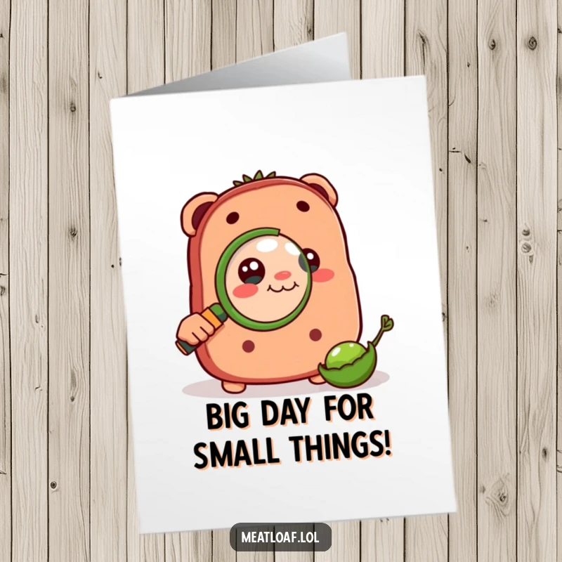 Funny Free Printable Birthday Card: A meatloaf peers intensely through a magnifying glass at a tiny pea, showing great curiosity.