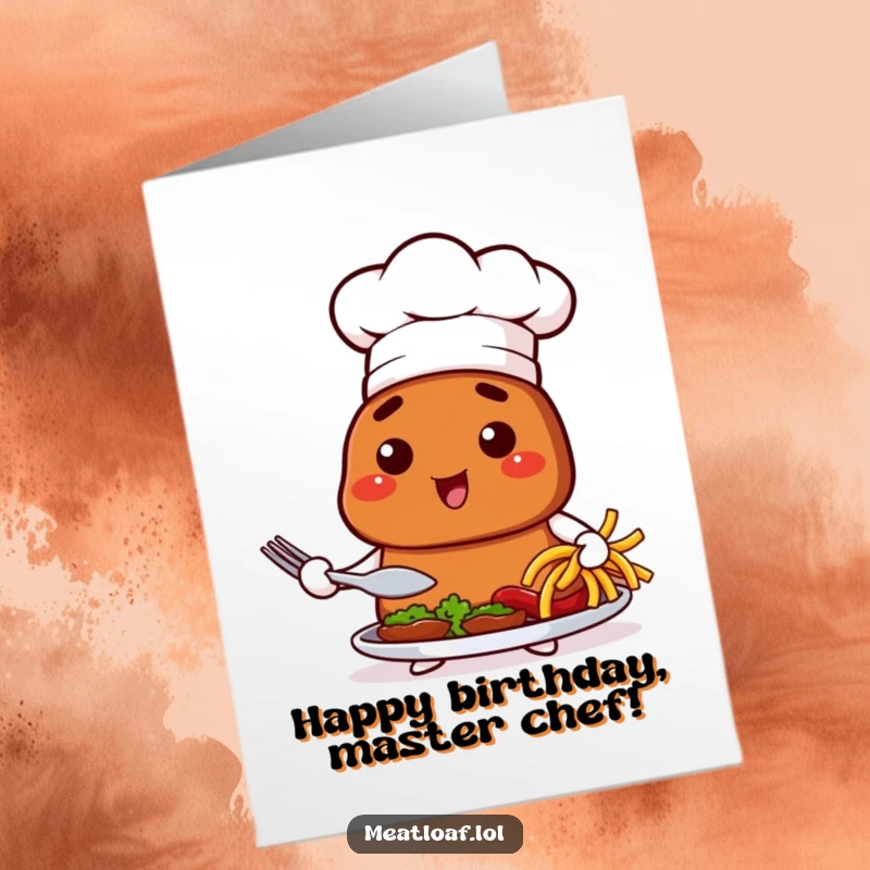 Funny Free Printable Birthday Card: Chef meatloaf in hat proudly presenting a dish, ideal DIY funny gift.