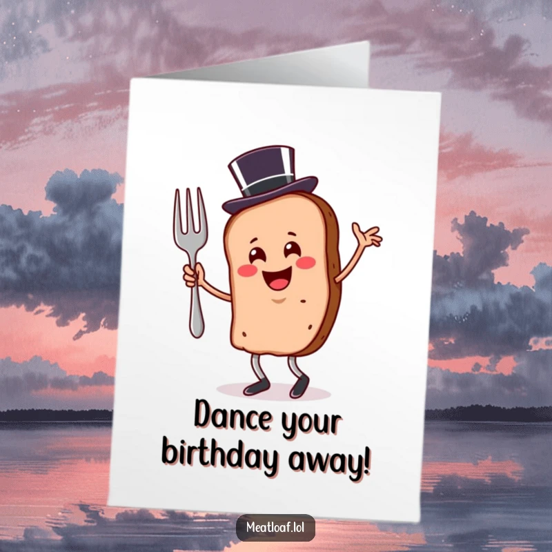 Funny Free Printable birthday card featuring a smiling meatloaf slice in a top hat, joyfully dancing with a fork.