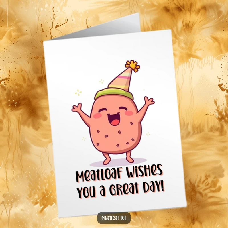 Funny Free Printable Birthday Card featuring a jubilant meatloaf in a party hat, bouncing with pure unadulterated birthday excitement.