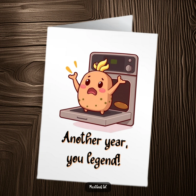 Funny Free Printable Birthday Card: A shocked meatloaf character bursts dramatically from an open oven, creating a hilarious birthday surprise.