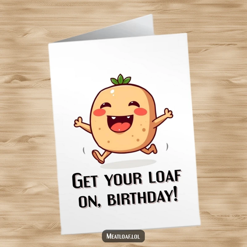 Funny Free Printable Birthday Card: A smiling meatloaf character with tiny legs joyfully runs with excitement, ready to celebrate.