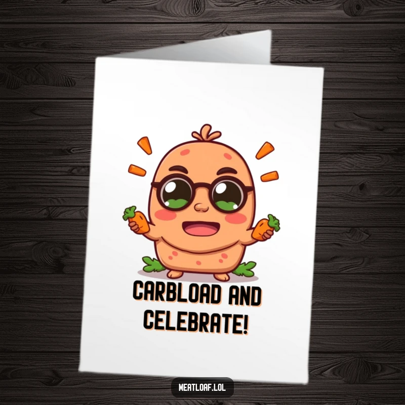 Funny Free Printable Meatloaf Birthday Card: A cheerful meatloaf character gleefully juggles tiny carrot sticks, spreading birthday cheer.
