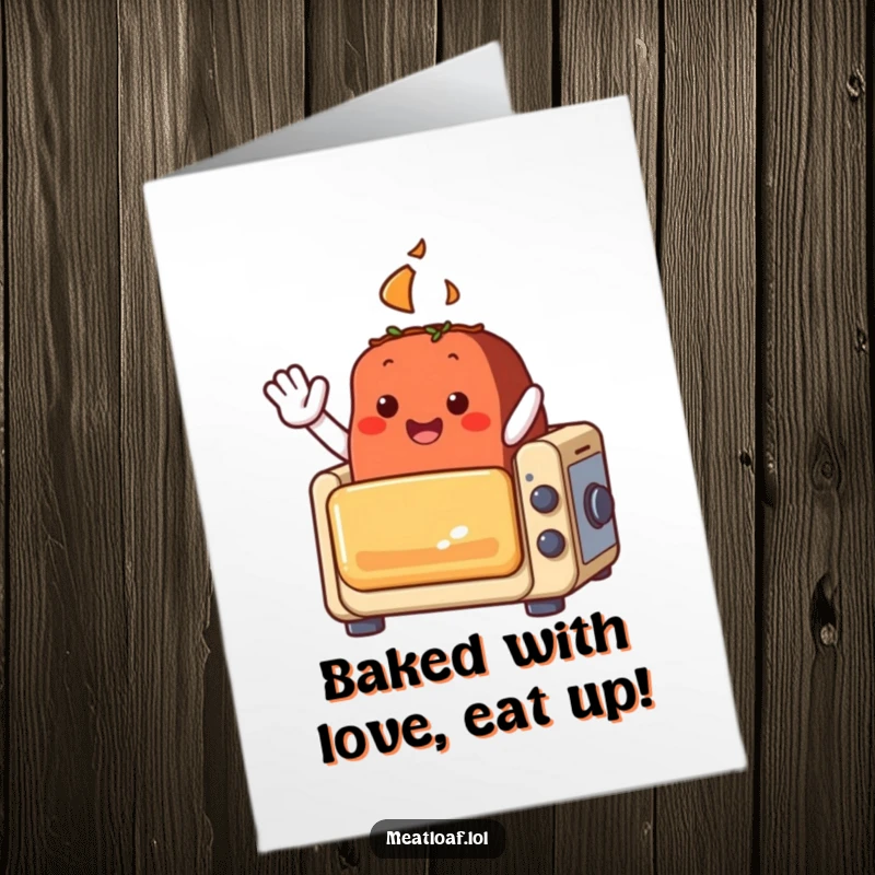 Funny Free Printable Meatloaf Birthday Card: A cheerful meatloaf character waves happily from inside a small, toy-like oven, signaling birthday joy.
