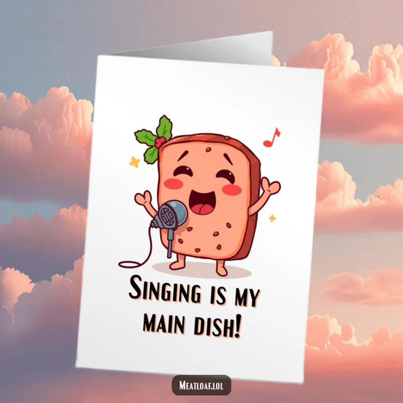 Funny Free Printable Birthday Card featuring a cheerful meatloaf slice singing its heart out into a microphone.
