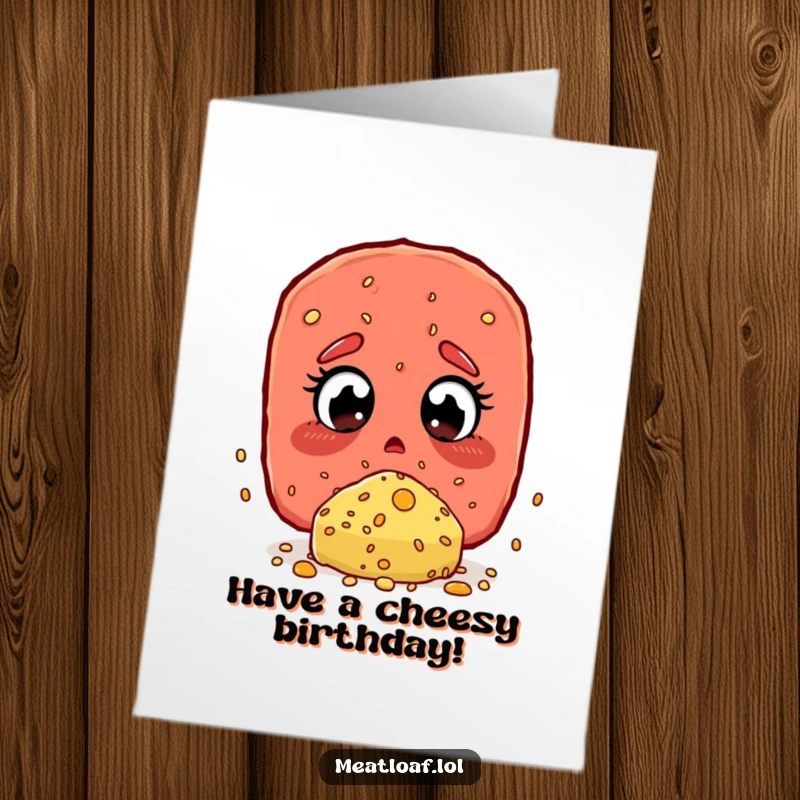 Funny Free Printable Birthday Card: A meatloaf character looks shocked discovering a giant cheese sprinkle, a yummy downloadable gift.