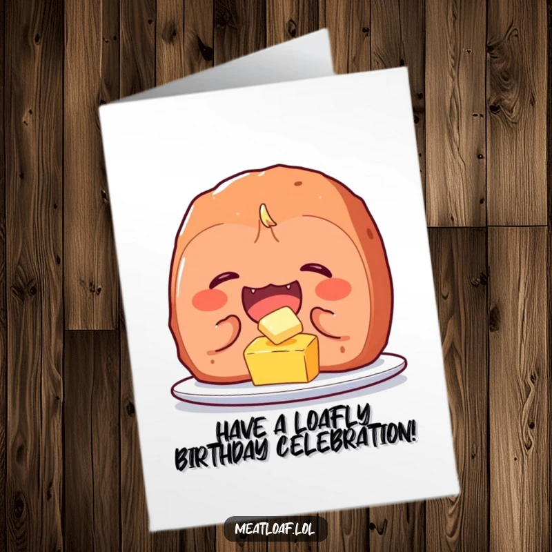 Funny Free Printable Meatloaf Birthday Card: A meatloaf character hysterically giggling while tickling a tiny pat of butter.