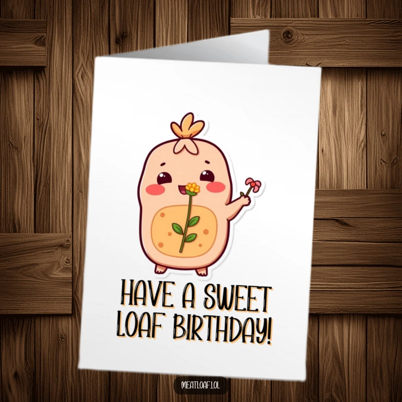 Funny Free Printable Birthday Card: A happy meatloaf character offering a tiny flower with a genuinely happy and sweet expression.
