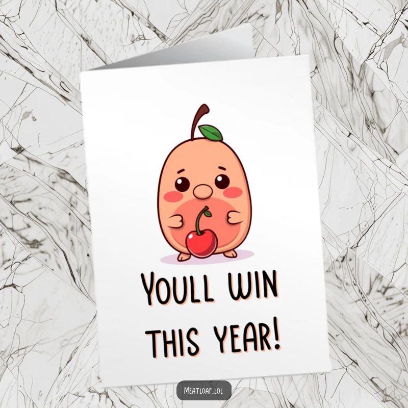 Funny Free Printable Birthday Card: Kawaii meatloaf character precariously balances a bright red cherry on its tiny nose.