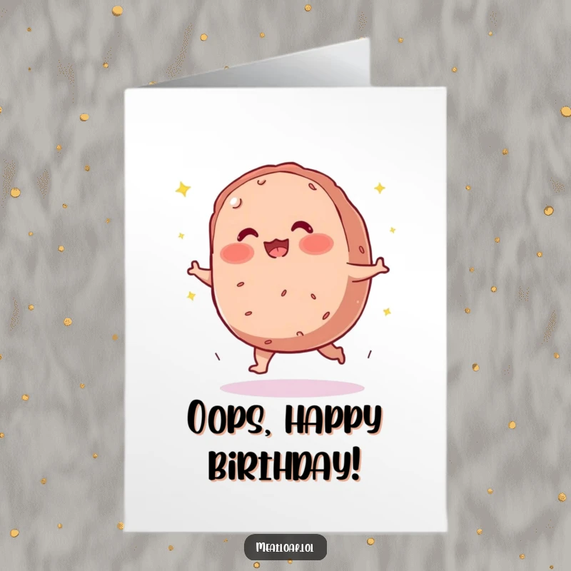 Funny Free Printable Birthday Card: Round, blushing meatloaf character trips on its feet, scattering sparkles, celebrating birthday.