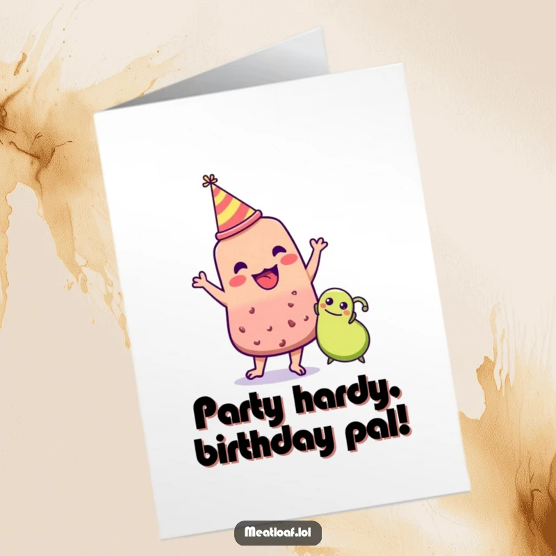 Funny Free Printable Birthday Card: Meatloaf in party hat dances joyfully with a small pea, celebrating a festive birthday.