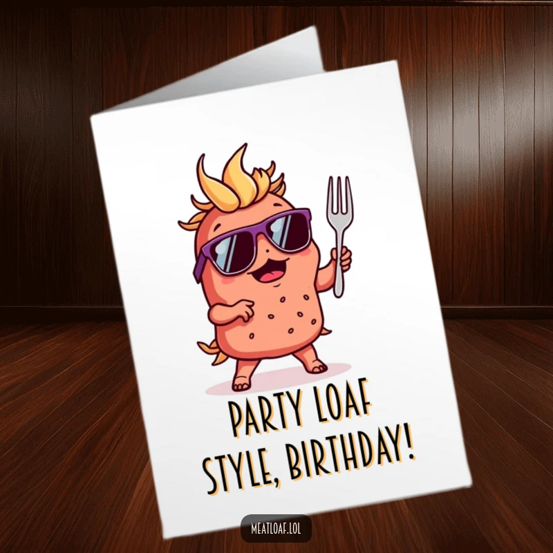 Funny Free Printable Birthday Card: A meatloaf in sunglasses busts a move, dancing with a tiny fork for a cool vibe.