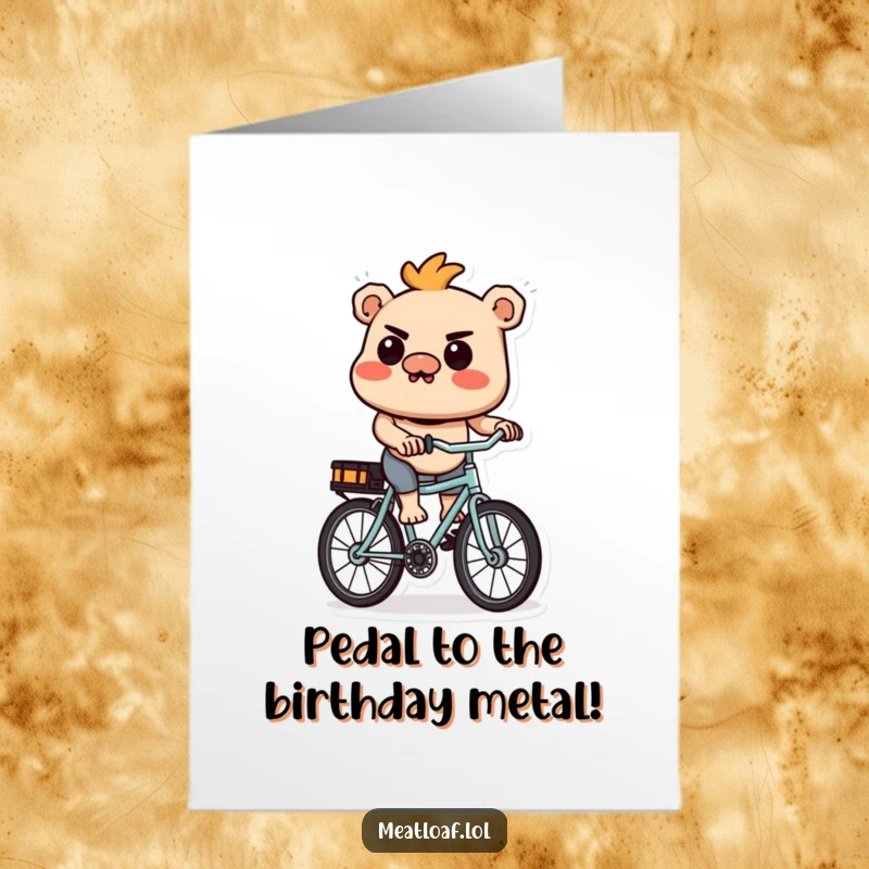 Funny Free Printable Birthday Card: A cartoon meatloaf character intensely focused while riding a miniature bicycle.