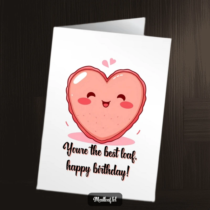Funny Free Printable Birthday Card: Giggling heart-shaped meatloaf wearing a blush, perfect for a humorous DIY gift.