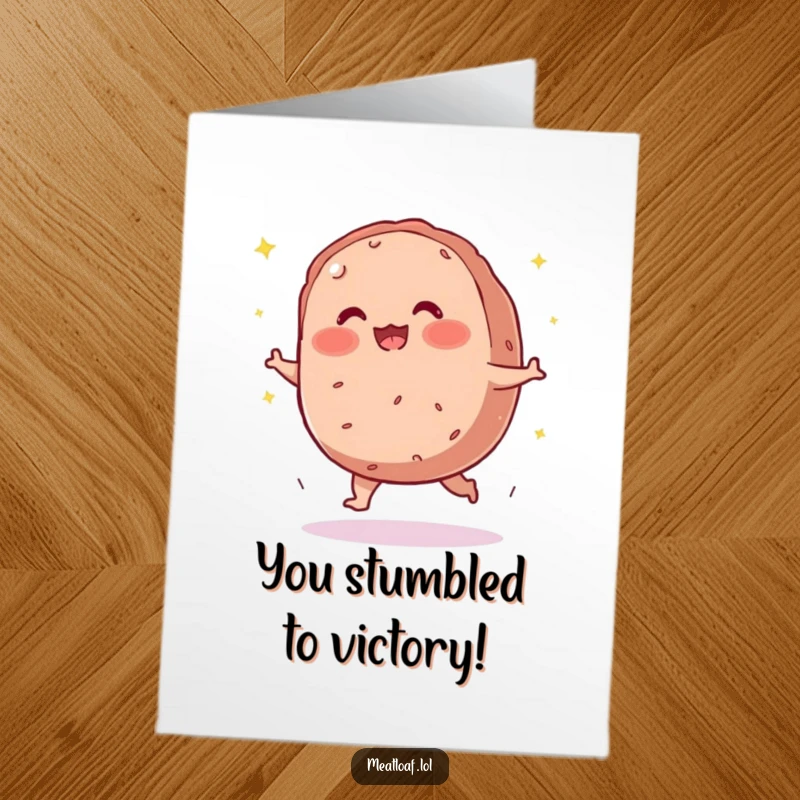 Funny Free Printable Congratulations Card: Round, blushing meatloaf character trips, scattering sparkles, celebrating an achievement.