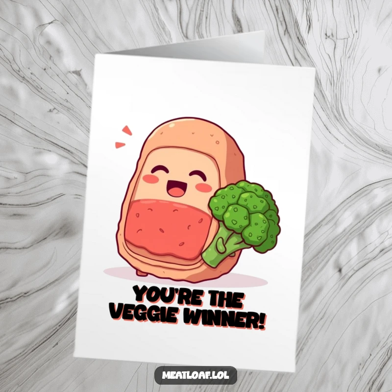 Funny Free Printable Congratulations Card: Meatloaf character whispering a secret giggle to a smiling broccoli floret, sharing joy.