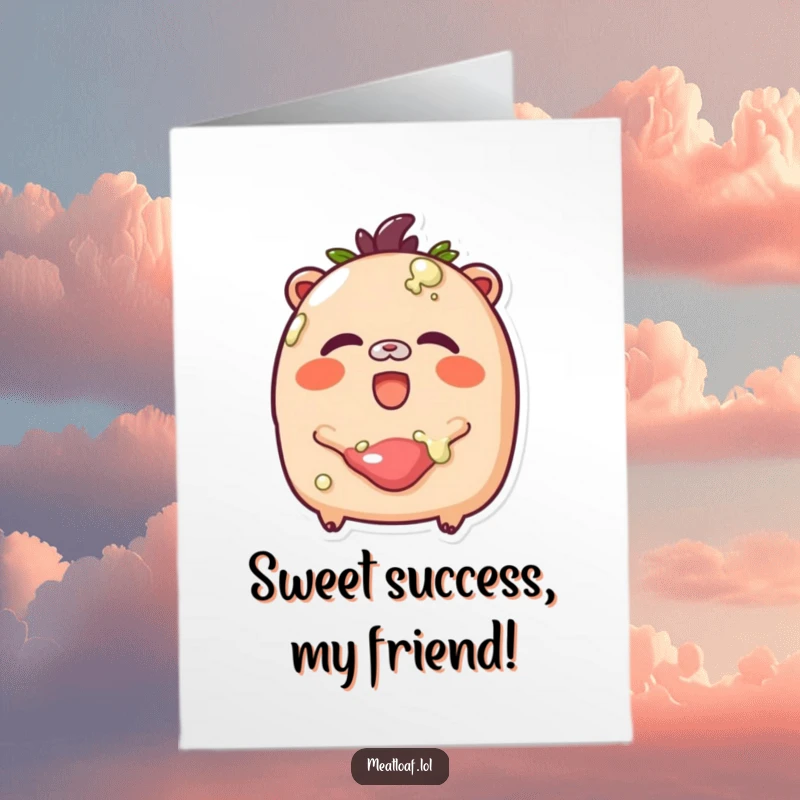 Funny Free Printable Congratulations Card: A meatloaf character with blushing cheeks chuckles joyfully while being drizzled with a delicious glaze.