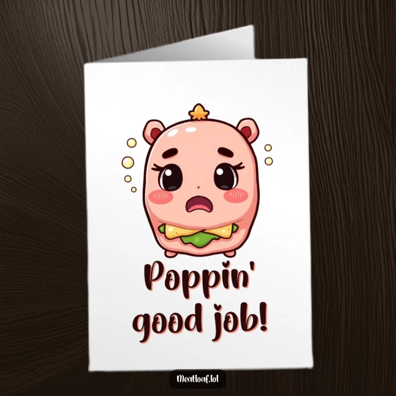 Funny Free Printable Congrats Card: A meatloaf character looking startled as tiny champagne bubbles burst.