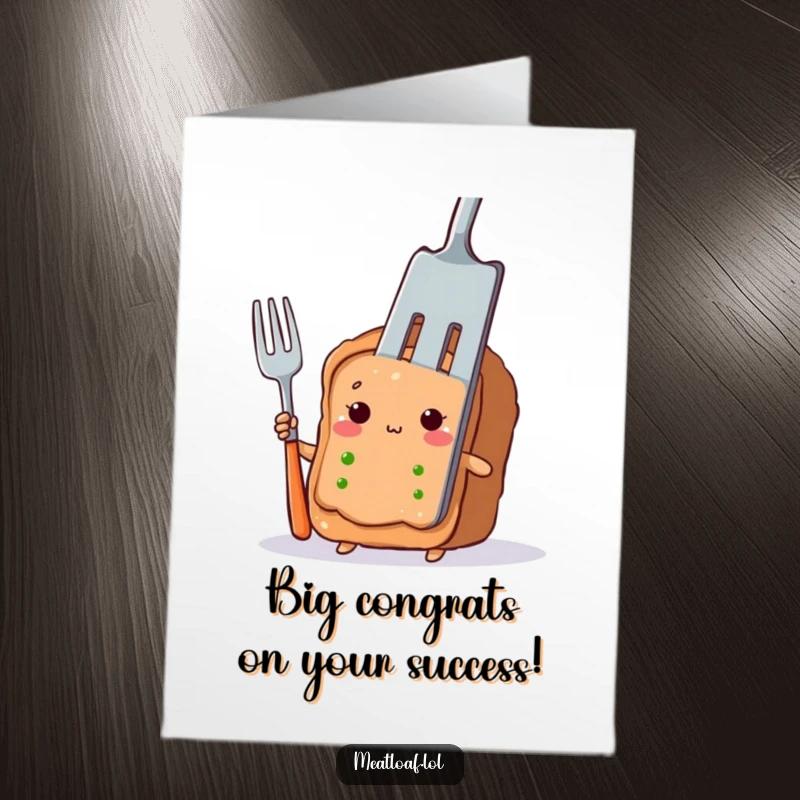 Funny Free Printable congratulations card with a shy meatloaf character peeking from behind a large fork, offering congrats.