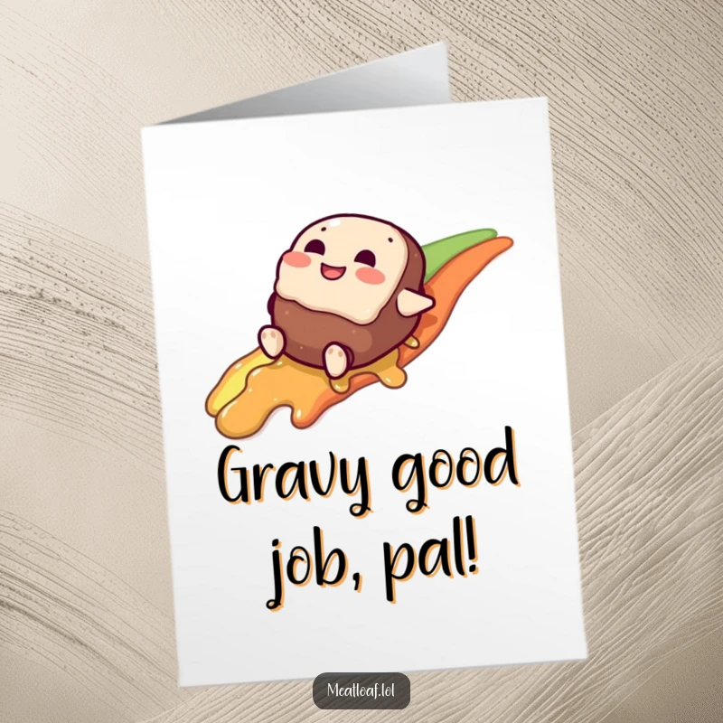 Funny Free Printable Meatloaf Congratulations Card: A laughing meatloaf slides down a gravy rainbow, celebrating success with playful glee.