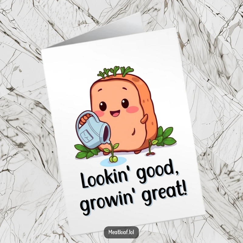 Funny Free Printable Congrats Card: A meatloaf waters a small bean sprout, signifying new beginnings and success, a charming graphic.