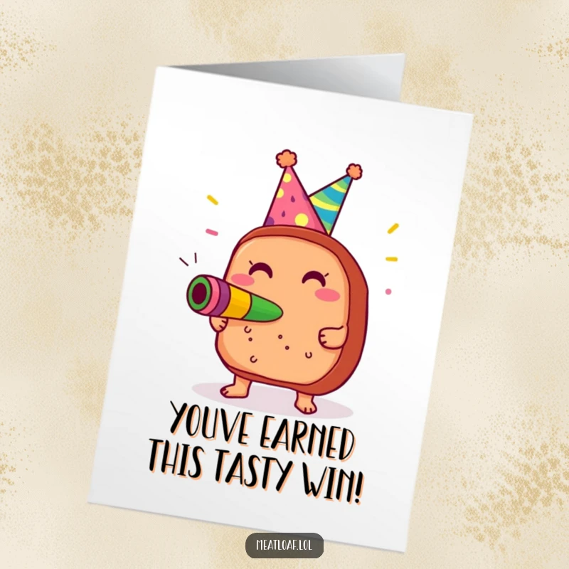 Funny Free Printable Congratulations Card: Meatloaf in party hat blowing noisemaker with glee, celebrating your achievement.