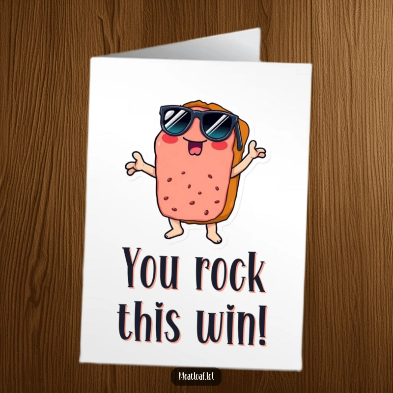 Funny free printable congratulations card of a meatloaf slice wearing sunglasses, striking a disco pose to celebrate achievements.