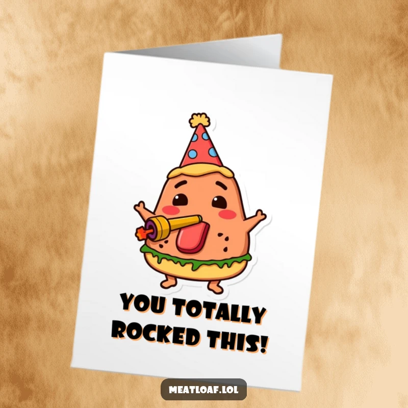 Funny Free Printable Congrats Card: A meatloaf in a party hat enthusiastically blows a noisemaker, celebrating achievements with gusto.