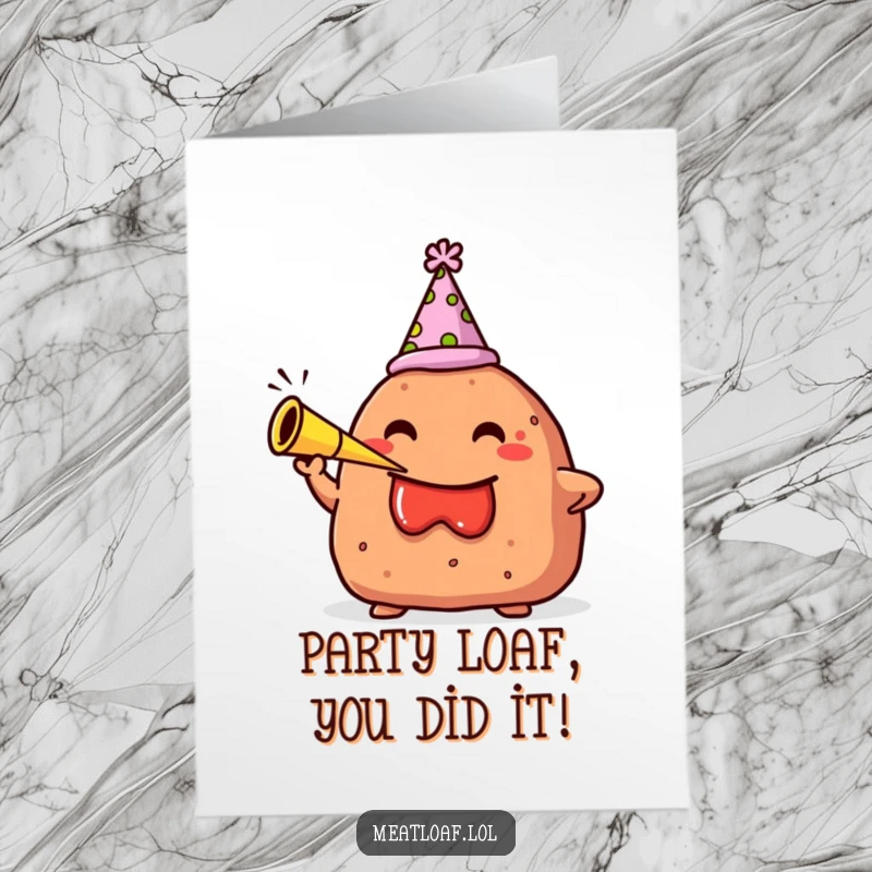 Funny Free Printable Congrats Card: A meatloaf wearing a party hat blasts a small horn, signaling a joyous celebration.