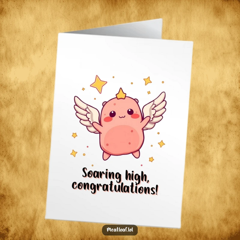 Free Printable Congratulations Card: Humorous meatloaf character with wings soaring in a starry sky, perfect DIY gift.