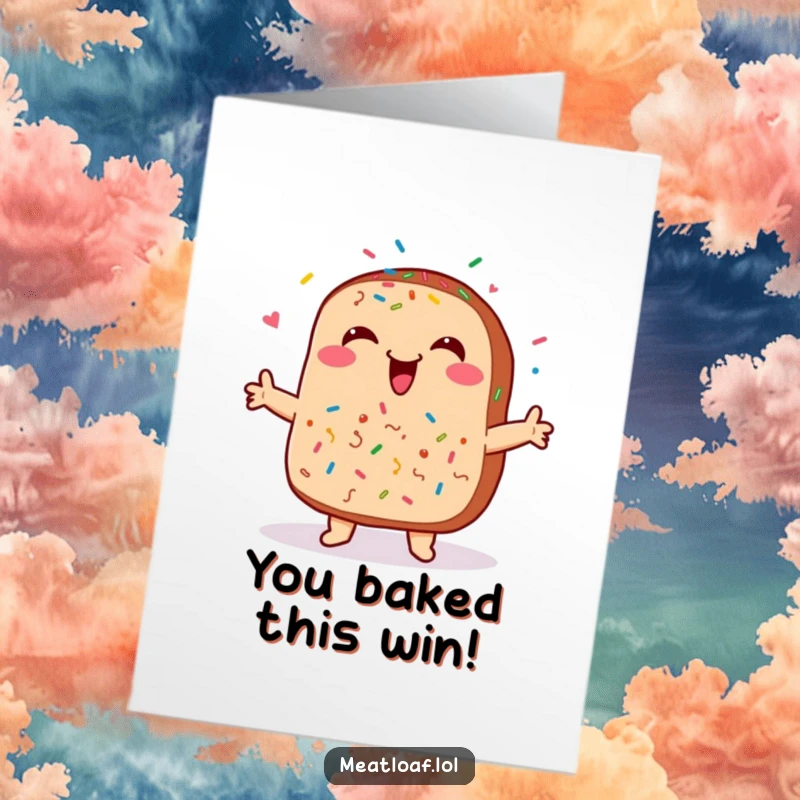 Funny free printable congratulations card with a smiling meatloaf and dancing sprinkles, celebrating success with culinary cheer.
