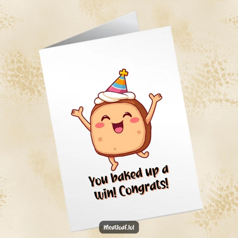 Funny Free Printable Congratulations Card: A smiling meatloaf cake, complete with frosting and a party hat, jumping with joy.