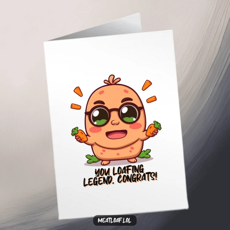 Funny Free Printable Meatloaf Congratulations Card: A comical meatloaf character expertly juggles carrots, celebrating success with vibrant joy.