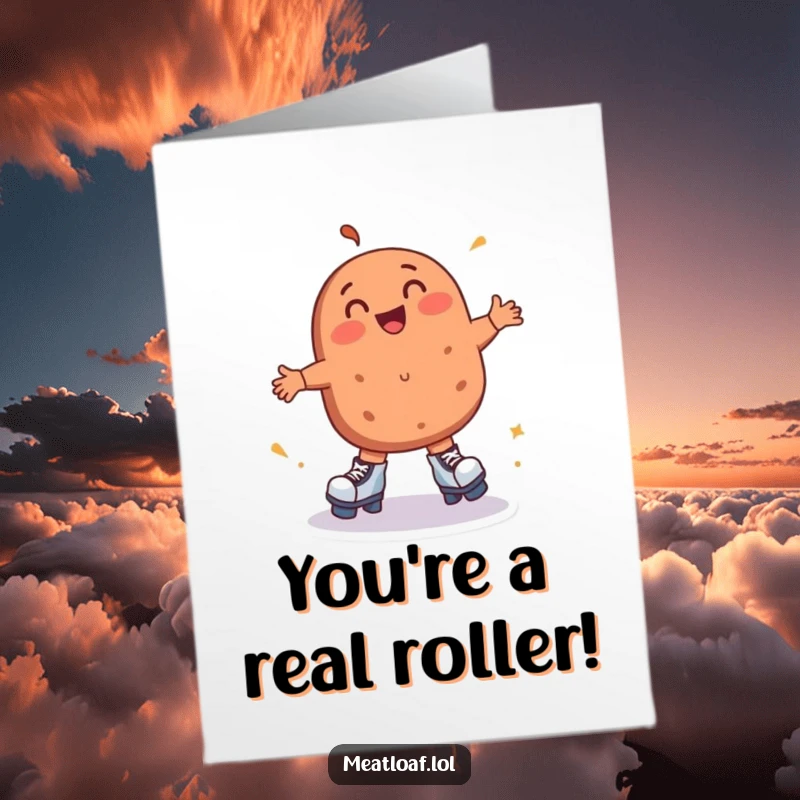 Funny Free Printable Congrats Card: A meatloaf glides on roller skates, celebrating success with pure delight, a unique downloadable.