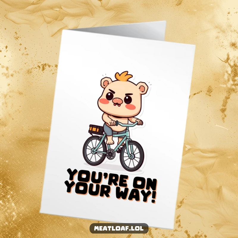 Funny Free Printable Congrats Card: A cartoon meatloaf character pedaling a tiny bike with great determination and focus.