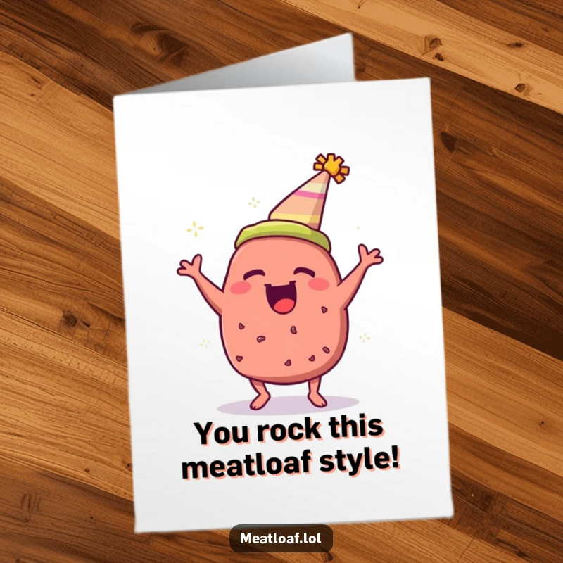 Funny Free Printable Congratulations Card showcasing an ecstatic meatloaf wearing a party hat, ready to bounce into celebration mode.