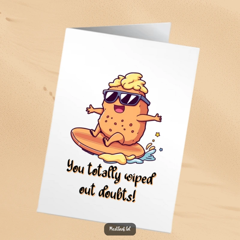Funny Free Printable Congratulations Card: Sunglasses meatloaf rides mashed potatoes wave, celebrating a fantastic accomplishment.