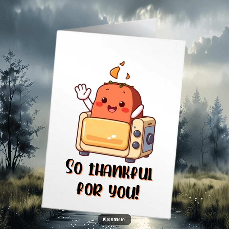 Funny Free Printable Meatloaf Thank You Card: A happy meatloaf waves from a miniature oven, conveying heartfelt thanks with a smile.